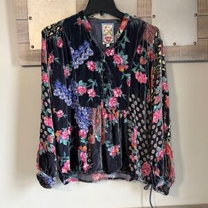 Johnny Was Multicolor Floral Velvet Blouse with Silk Size S